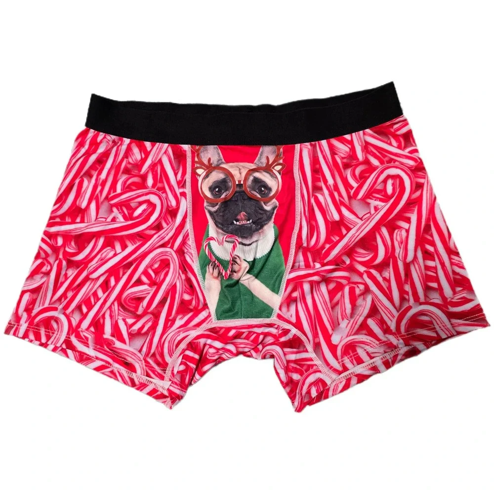 Mens Christmas Candy‎ Cane Boxer Briefs Festive Dog Print Holiday Underwear (H)